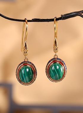 本命年925纯银镶嵌蛋面孔雀石耳坠时尚女款百搭耳饰礼物