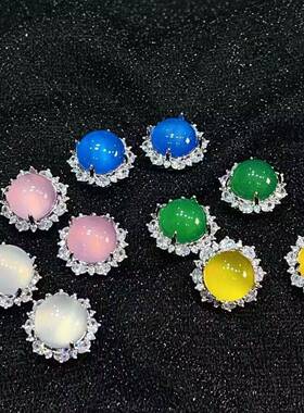 本命年冰种阳绿色玉髓耳钉圆形宝石耳饰品帝王绿翡翠色玛瑙耳坠耳