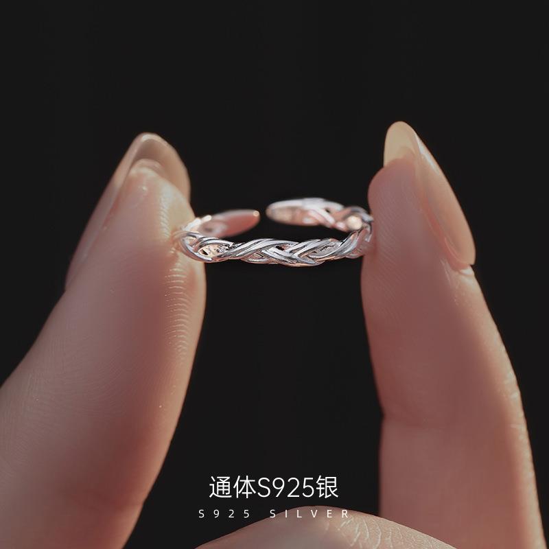 本命年S925银麻花开口素圈戒指女冷淡风ins编织指环礼物