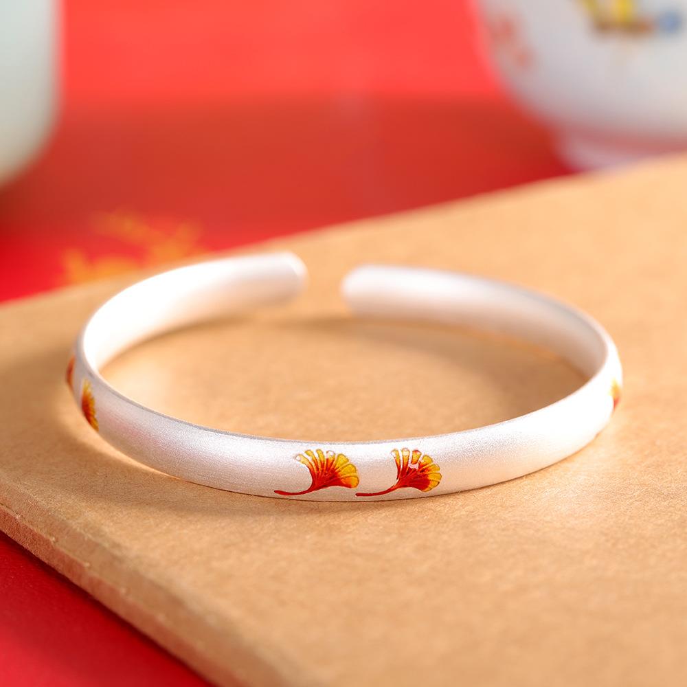 本命年.9足银国潮枫叶珐琅工艺开口手镯气质百搭简约手饰礼物