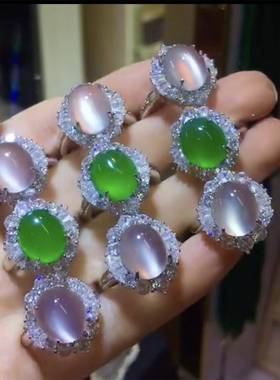 本命年925银豪华绿玉髓戒指冰种白玉髓起荧光复古石翡翠色指环礼