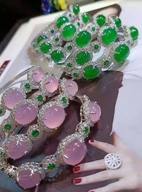 本命年帝王绿高冰玉髓手镯925银镶玉石满绿翡翠色妈妈手镯玉髓手