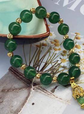 本命年绿色玉髓手链银镶嵌貔貅沙配饰A级玛瑙女士款手串礼物