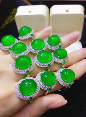 本命年玉髓绿玉髓戒指指环925银镶嵌翡翠色帝王绿活口饰品蛋面礼