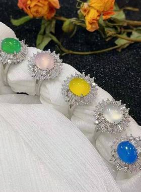 本命年银镶嵌冰种白玉髓女戒绿玛瑙玉石戒指饰品礼物