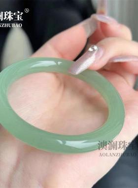 本命年浅色冰透东陵玉晴水色扁条手镯天青冻浅绿色圆条玉石镯子礼