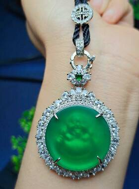 本命年镶嵌绿色玉髓翡翠帝王绿佛公吊坠玛瑙玉髓挂件项链毛衣链礼
