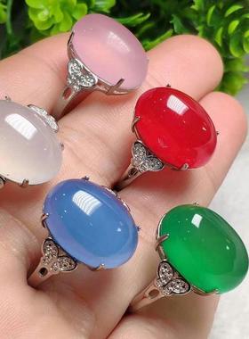 本命年冰种绿玉髓戒指925银活口女款玛瑙水晶宝石翡翠色指环送女