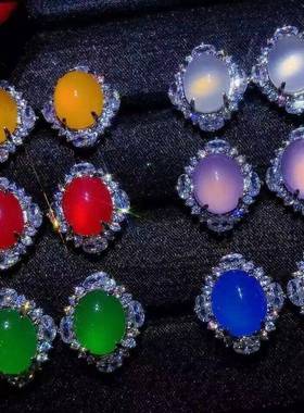 本命年银镶嵌冰种帝王绿玉髓翡翠色耳钉冰绿玛瑙女款玉石耳环礼物