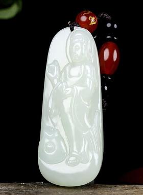 本命年新疆和田玉观音牌子精雕和田玉站观音菩萨玉坠礼物