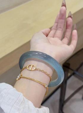 本命年冰种库里蓝玉髓扁手镯蓝玛瑙冰透天青冻玉石女款镯子礼物