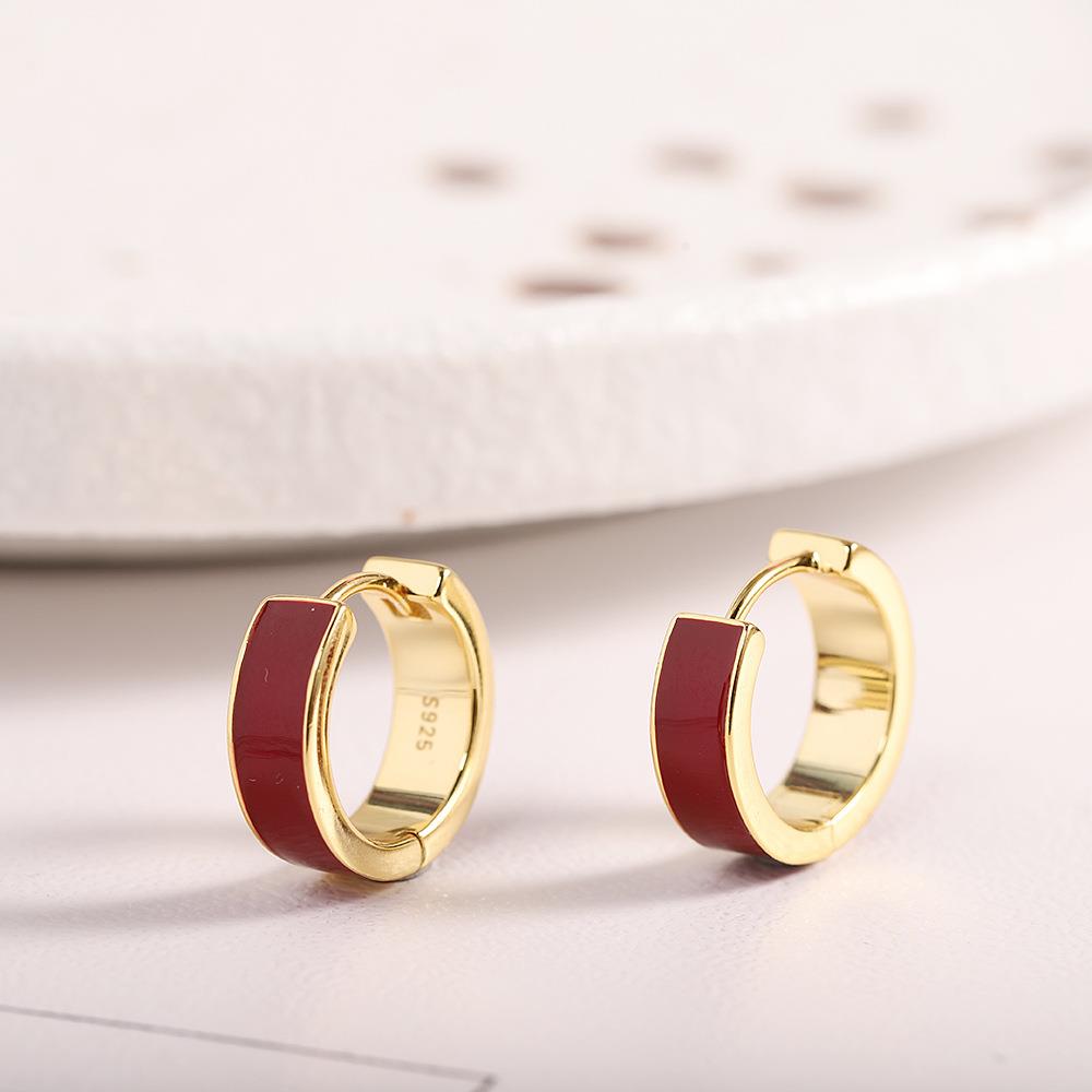 本命年925银酒红色滴釉几何耳圈气质撞色女式耳圈礼物
