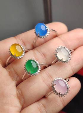 本命年绿玉髓戒指925银镶嵌小蛋面宝石女款指环袖珍玉礼物