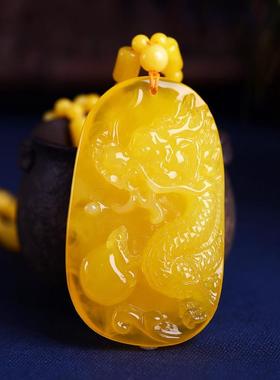 本命年蜜蜡吊坠鸡油黄老蜜雕刻龙牌挂件琥珀项链男女款毛衣链无优