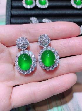 本命年冰种绿玉髓耳钉轻奢强荧光玉髓耳钉银镶嵌高级感玉石耳钉礼