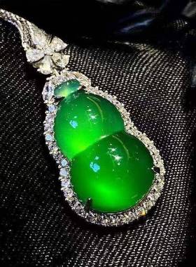 本命年玉髓吊坠高冰925银镶嵌葫芦白粉玛瑙福禄玉石项链挂件礼物