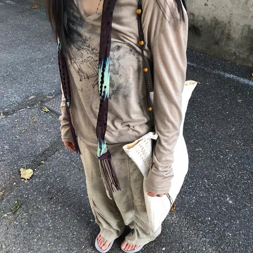 美式新款气质百搭波点细长丝巾复古亮片流苏飘带发带氛围颈饰围巾