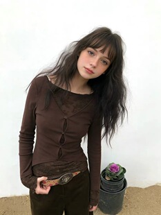 纯欲风蕾丝镂空打底长袖 春夏复古深棕色假两件内搭上衣T恤女