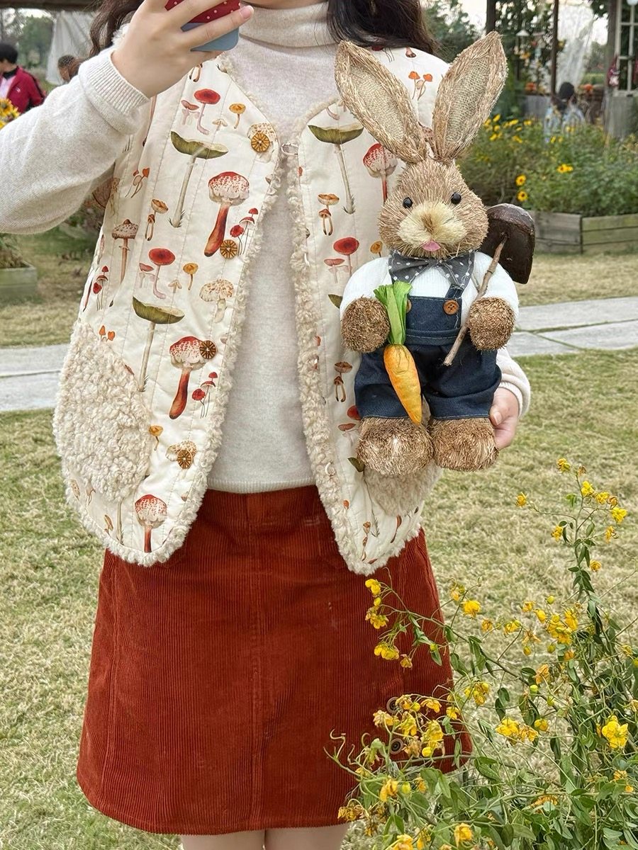 【现货】红蘑菇植物系 羊羔毛拼接马甲 可两面穿 +套装短裙高腰