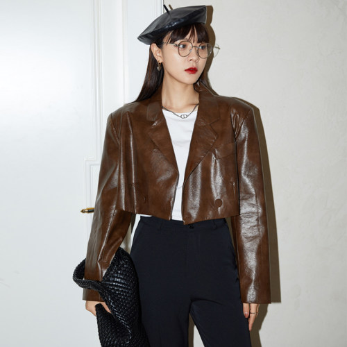 帅气宽松机车西服短款皮衣外套女