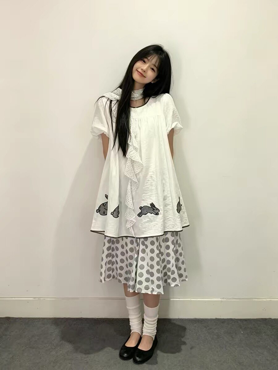 古早味穿搭日系圆领短袖高腰衬衫兔子印花宽气质松上衣长款T恤女