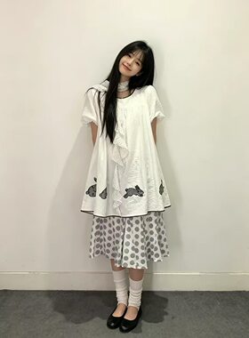 古早味穿搭日系圆领短袖高腰衬衫兔子印花宽气质松上衣长款T恤女