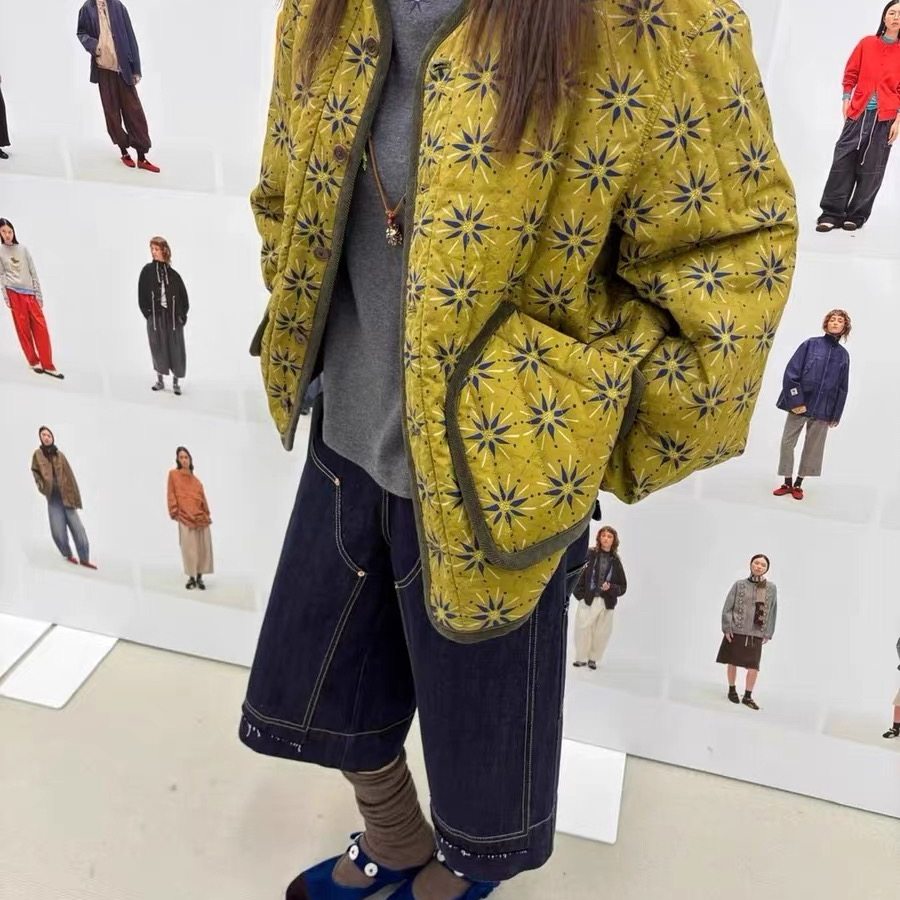 日系复古文艺新款印花绗缝双面正反两穿棉服女太阳花棉衣外套冬季