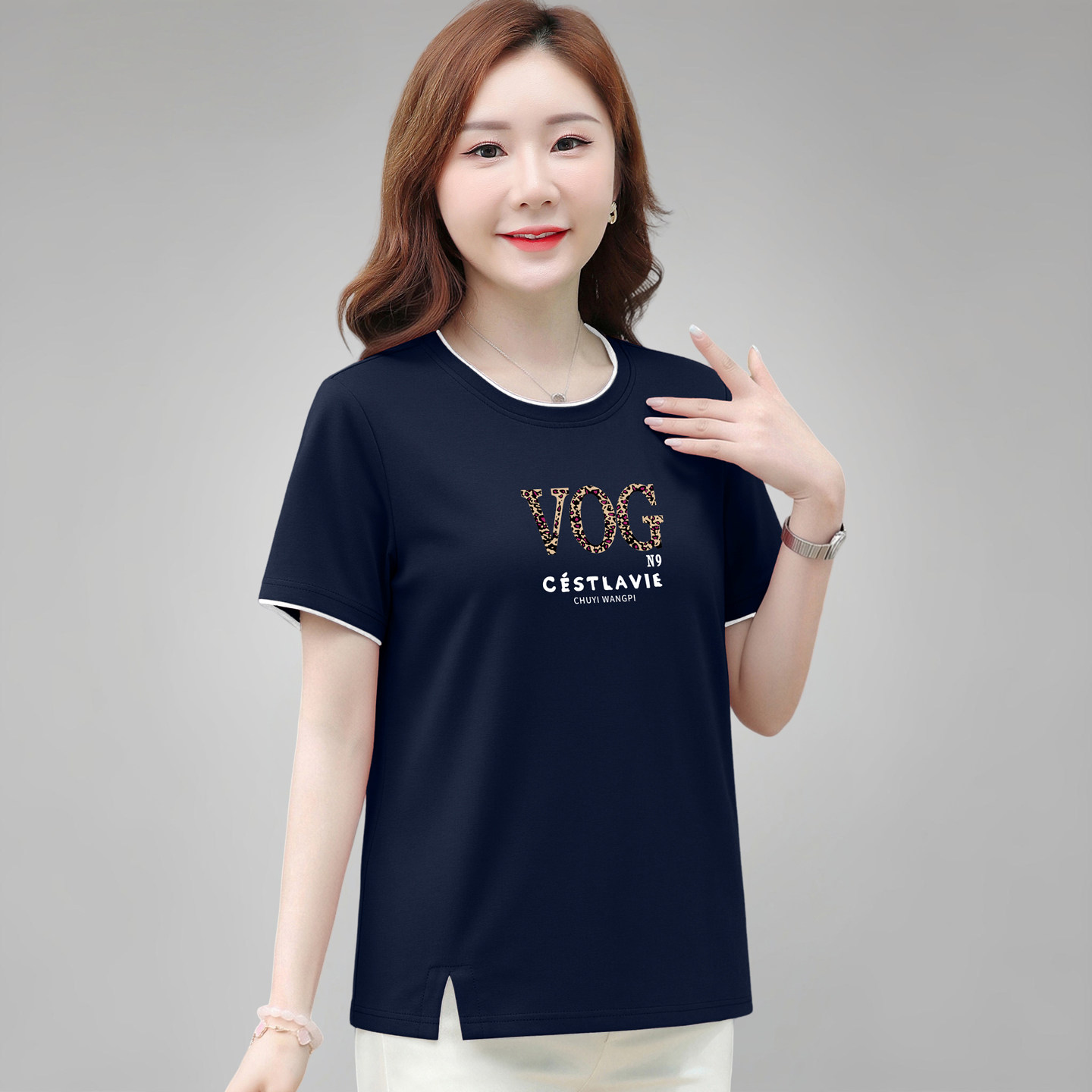 宽松纯棉短袖t恤女妈妈夏装上衣T