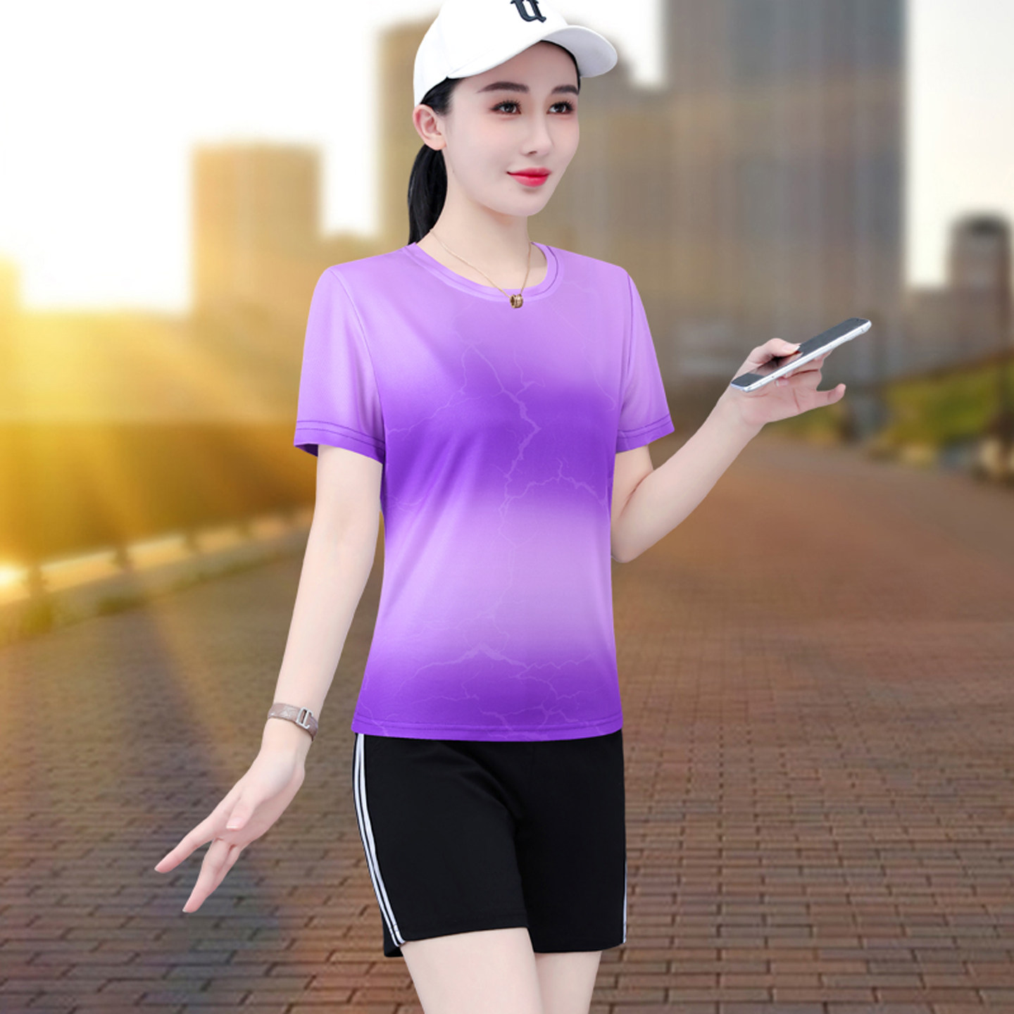 运动套装女夏冰丝t恤短裤两件套