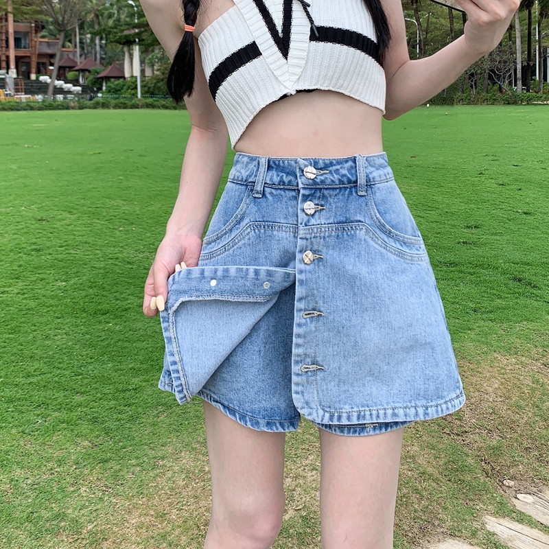 假两件牛仔短裤女夏季新款辣妹矮小个子大码胖mm高腰a字短裙裤潮