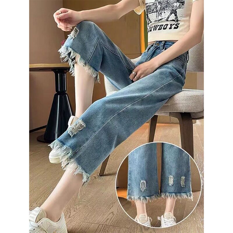 破洞直筒牛仔裤女春夏季薄款新款高腰小个子七分八分九分阔腿裤子