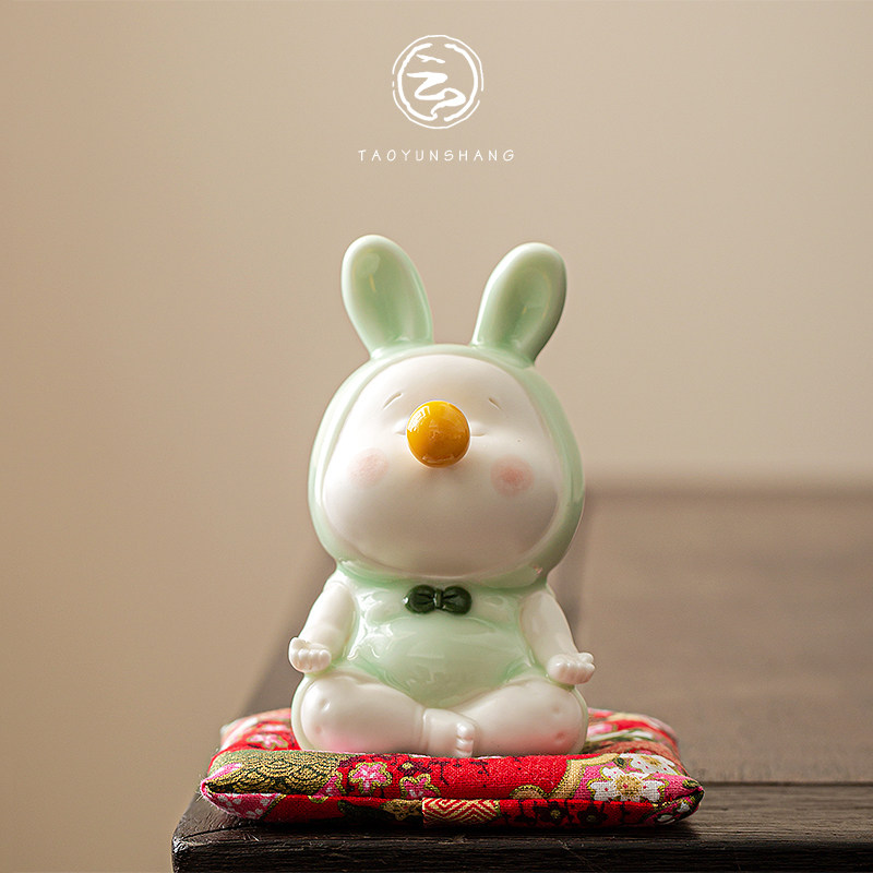 创意可爱打坐兔陶瓷摆件禅意家居饰品桌面小兔子工艺品办公室送礼