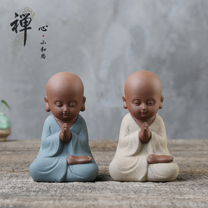 陶瓷茶宠可爱小佛禅意摆件 功夫茶具茶玩紫砂彩砂小和尚茶道摆件