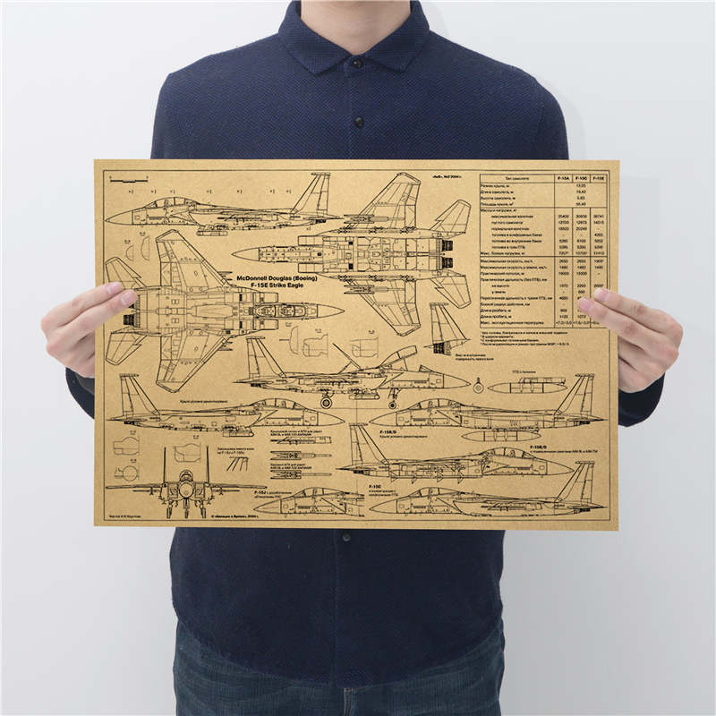 【F15-E战机设计图纸】 复古工业风牛皮纸海报装饰画宿舍酒吧贴画