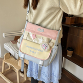 喻兮渔少女风撞色拼接单肩包女学生大容量可爱毛绒挂件背包斜挎包