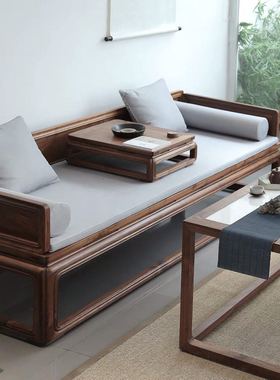 北美黑胡桃木美人榻老榆木新中式实木罗汉床现代简约小户型古卧榻