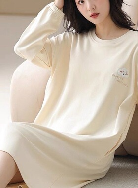 25年春秋女睡裙中长款印花长袖家居服睡衣简约口袋甜美大码200斤