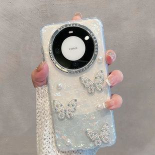 适用于华为mate60手机壳mate60pro半透明m60新款 小清新立体镶钻蝴蝶高级感防摔手链保护套 女mt60por