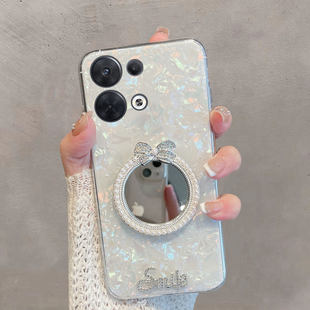 适用于opporeno8手机壳reno8pro新款女pgbm10透明贝壳纹pgam10带镜子5g高级感85g个性创意手链保护套