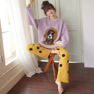 小熊家可爱风睡衣女款 香芋紫小清新家居服加绒加厚半边绒加厚加绒