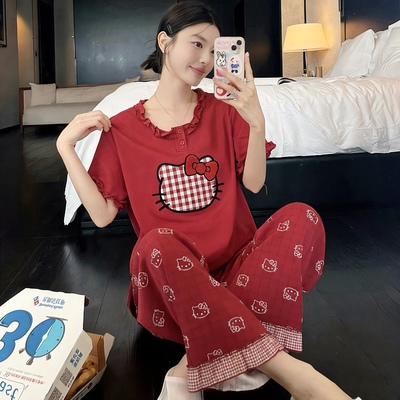 小熊睡衣女红色本命年短袖长裤卡通可外穿纯棉家居服春秋夏套装