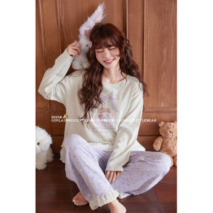 小熊蝴蝶结可爱甜美睡衣女秋冬花边圆领长袖 灰色纯棉家居服可外穿