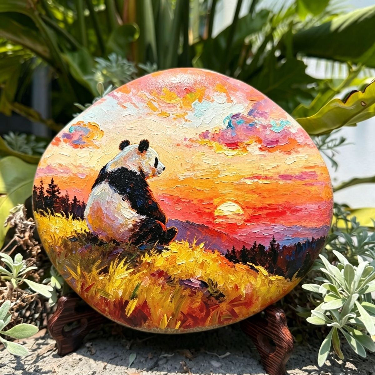 油画熊猫款彩绘工艺品新款风景礼物彩绘石头成品石头画成品鹅卵石