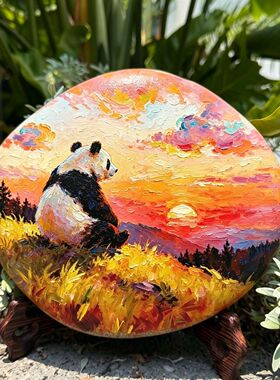 油画熊猫款彩绘工艺品新款风景礼物彩绘石头成品石头画成品鹅卵石