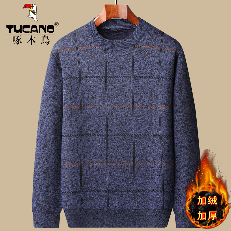 啄木鸟格子圆领加绒加厚毛衣