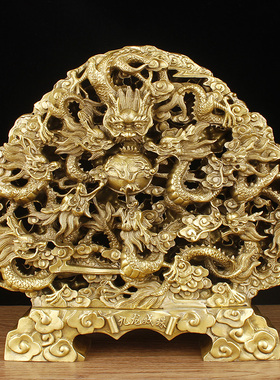 黄铜九龙壁摆件大号双面九龙戏珠家居客厅办公桌装饰工艺礼品摆设