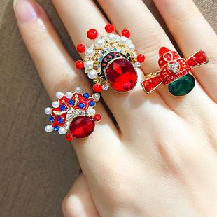 中国风京剧脸谱戒指女民族风红水晶珍珠食指戒韩国网红个性戒子潮