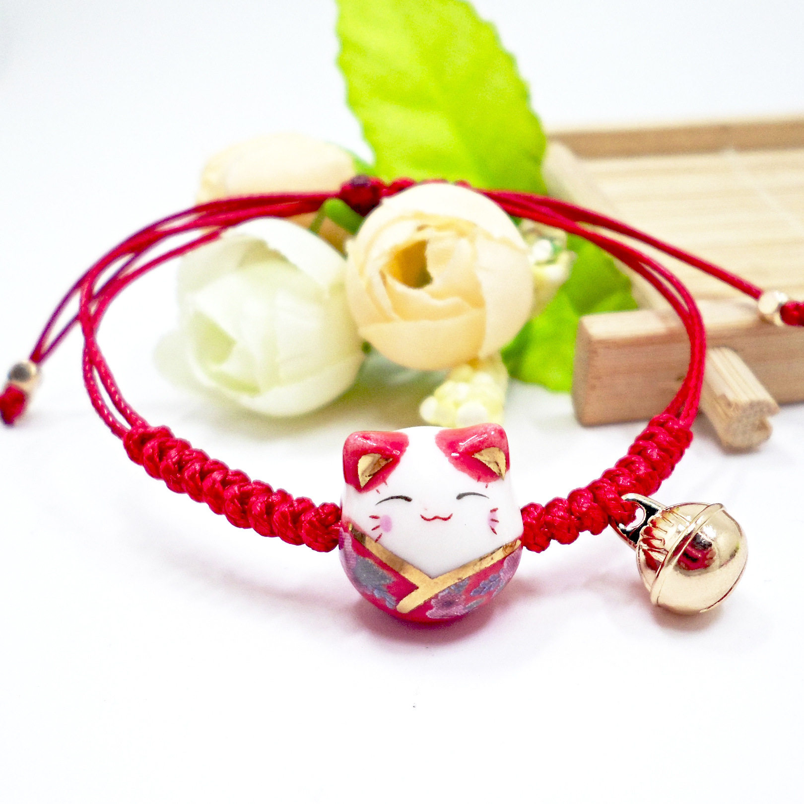 日本陶瓷彩绘猫手链可爱少女可调节手绳本命年手饰品