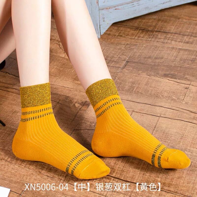 袜子女金银闪丝性感银葱美腿棉袜秋冬季亮丝两道杠纯色条纹中筒袜