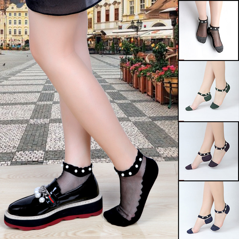 袜子女夏超薄款玻璃丝短袜珍珠袜韩国可爱纯棉底船袜女透明水晶袜,女士内衣/男士内衣/家居服,船袜,淘宝优惠券,粉丝福利购,淘宝优惠卷